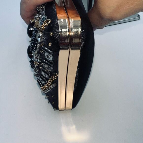 Jeweled, Rhinestone and Beaded Clip Lock Satin Evening Bag with Two Chain Length - Picture 6 of 11